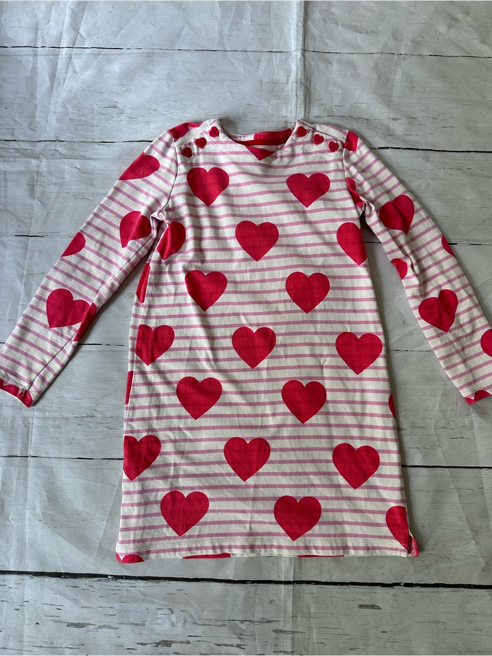 Mini Boden Pink and Red Heart Stripe Long Sleeve Dress size 7-8